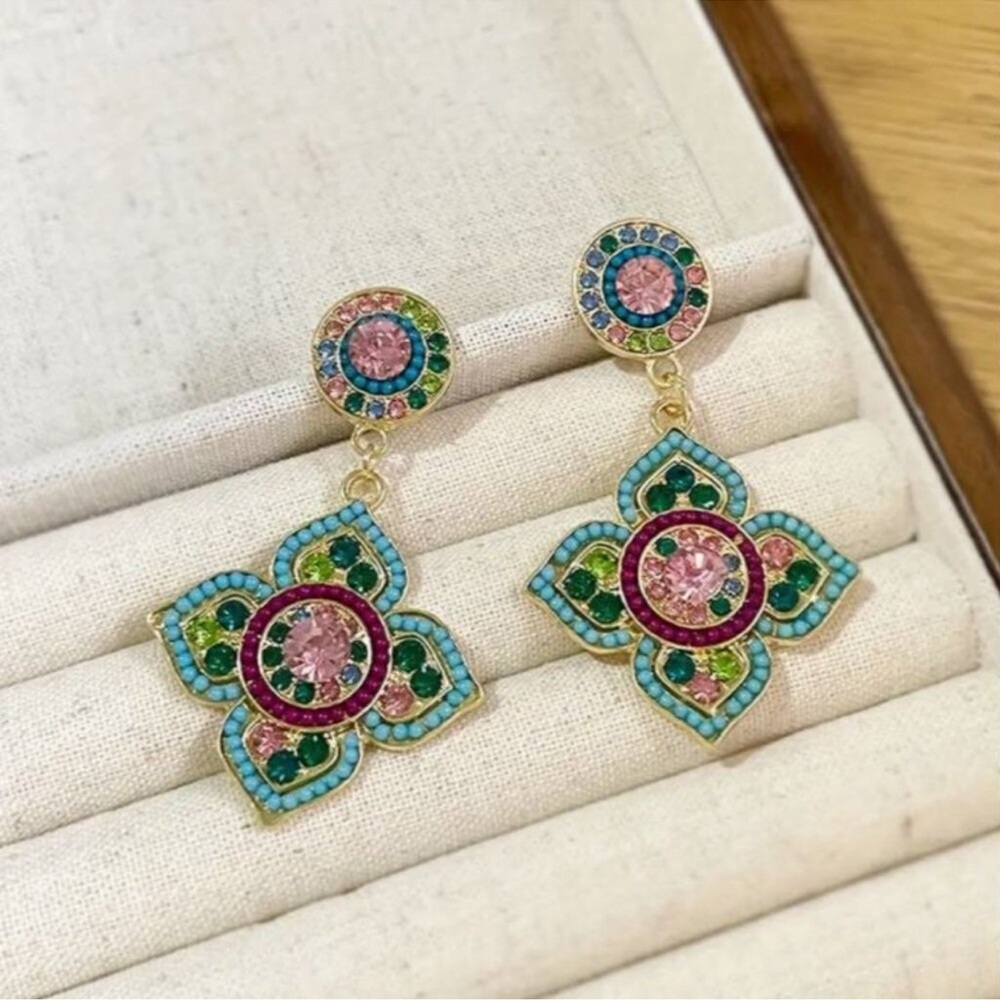 NEW 18k gold plated Pink and Blue Crystal Studded Ornate Art Deco Drop Earrings